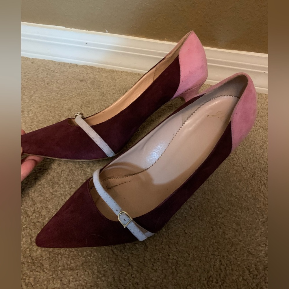 J Crew pink maroon suede heels strap accent size 10.5